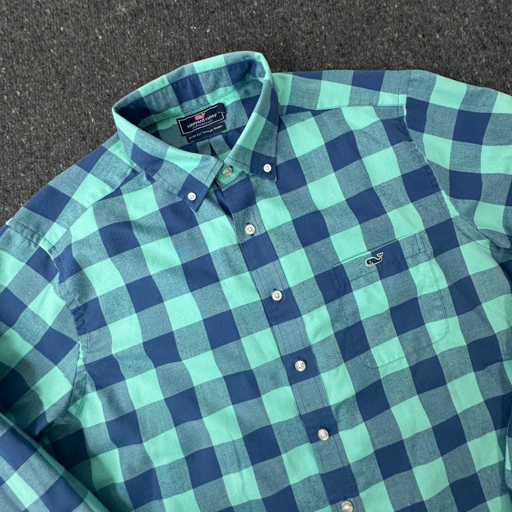 Vineyard Vines Performance Shirt Men XL Green Blue Buffalo Check Slim Fit 1W1718